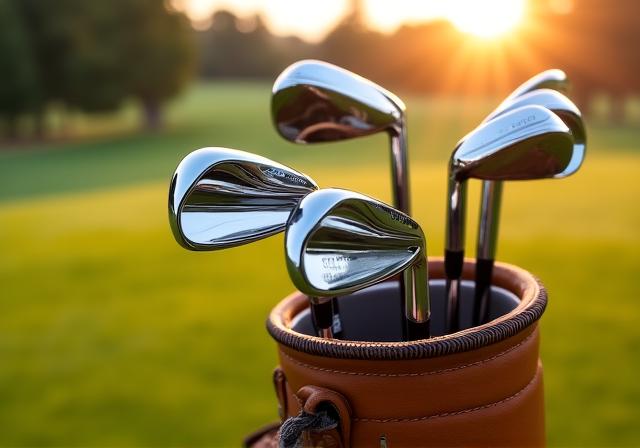 Close up of various golf clubs in a premium leather bag