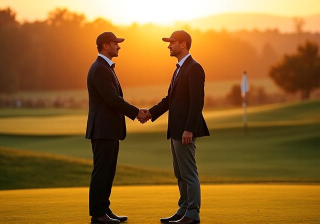 Two golfers shaking hands on the green with the sunset in the background