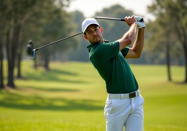 A golfer performing a perfect follow-through swing