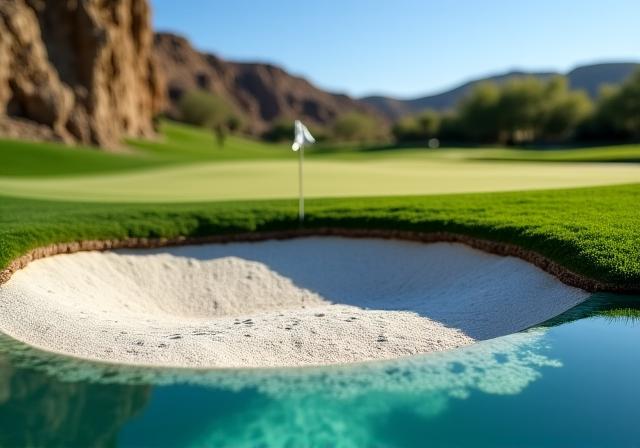 Close up of the signature Caldera Drop hole with water hazard