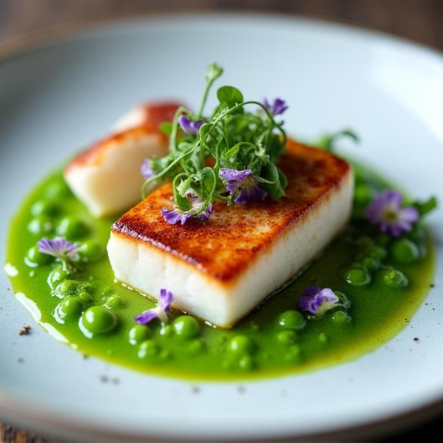 Artistically plated seasonal dish featuring fresh seafood and local herbs