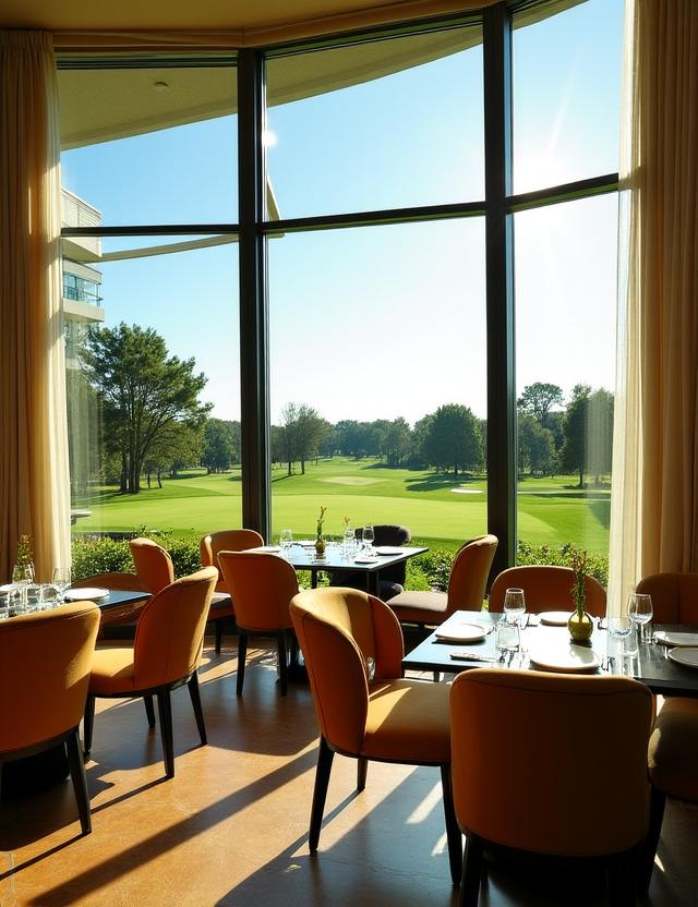Elegant restaurant interior at Caldera Links with panoramic views of the golf course