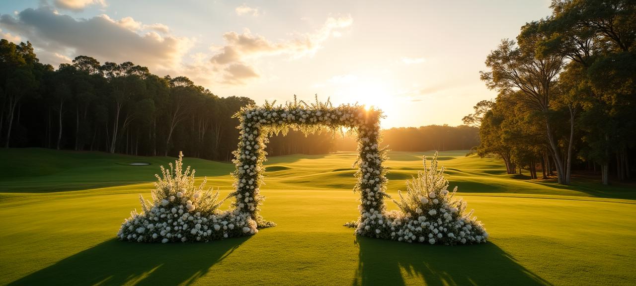 Luxury wedding setup at Caldera Links overlooking the golf course