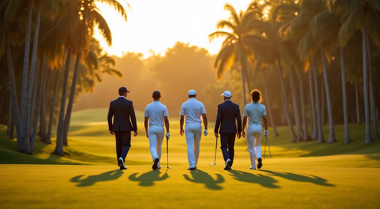 A group of golfers respecting pace of play on a lush green fairway