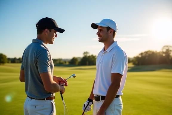 Golf professional instructing a student on the driving range