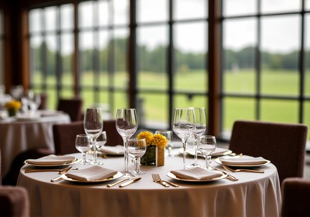Elegant clubhouse restaurant with overlooking course views