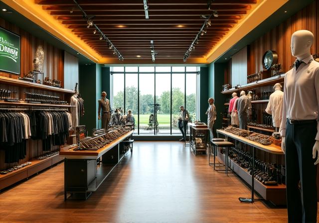Luxury golf pro shop interior with premium clubs and apparel