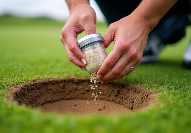 Close up of a golfer properly repairing a divot with sand